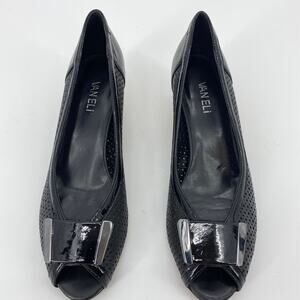 VANELI Retro Heel Black Leather Size 9 Peep Toe Slip On Cork Mini Wedge Pump